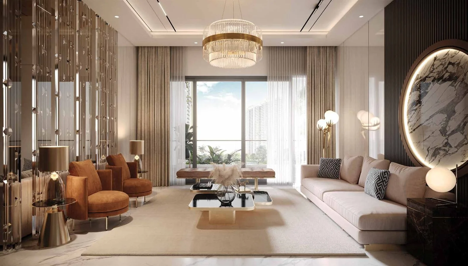 Large-format living room with tall windows and imported marble at M3M Mansion