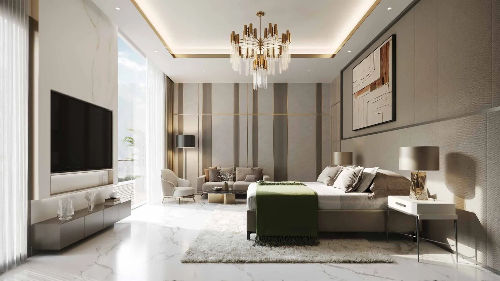 Master bedroom with wooden flooring and designer chandelier at M3M Mansion
