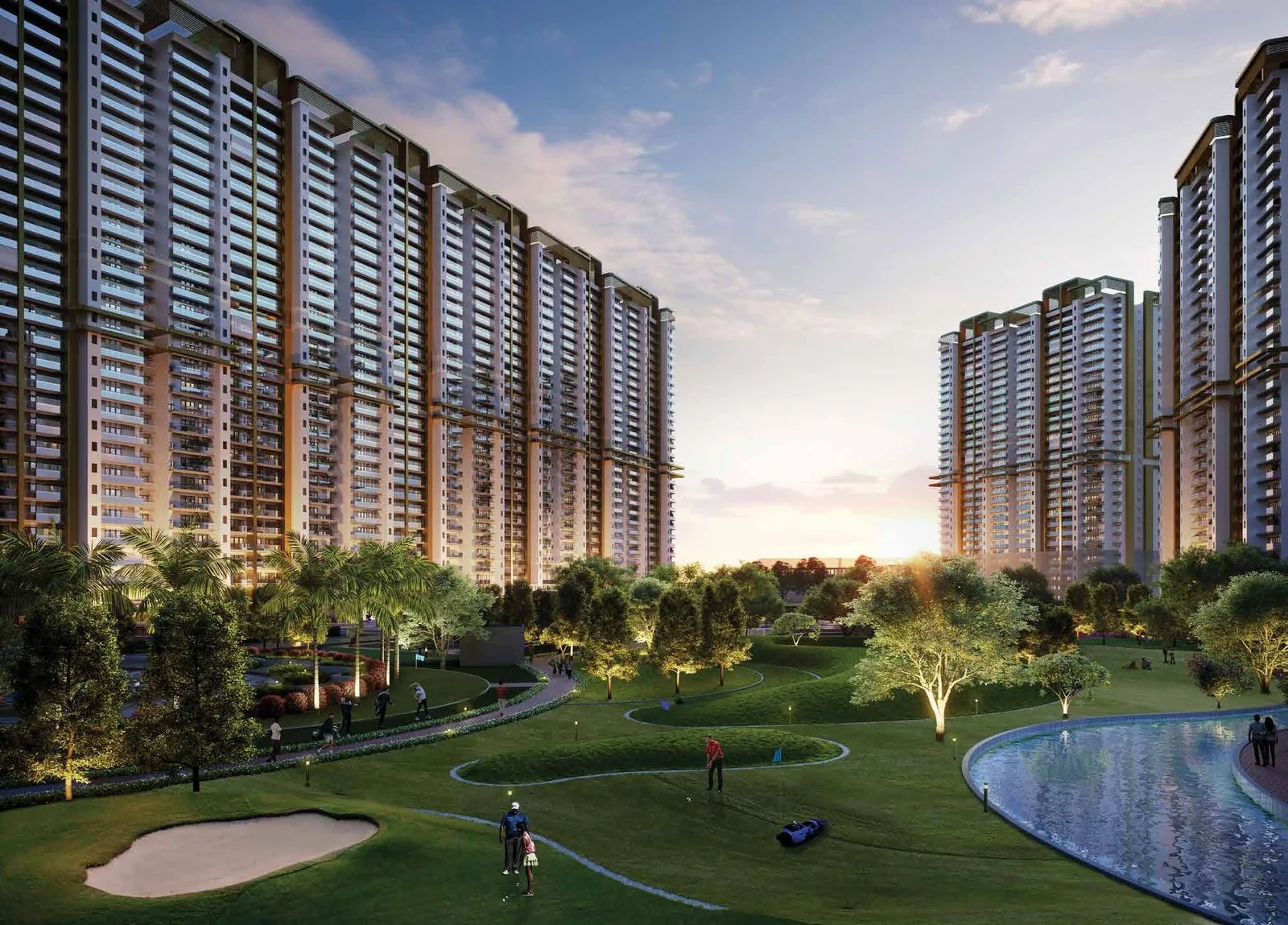 Panoramic view of the golf greens and towers at M3M Mansion at golden hour