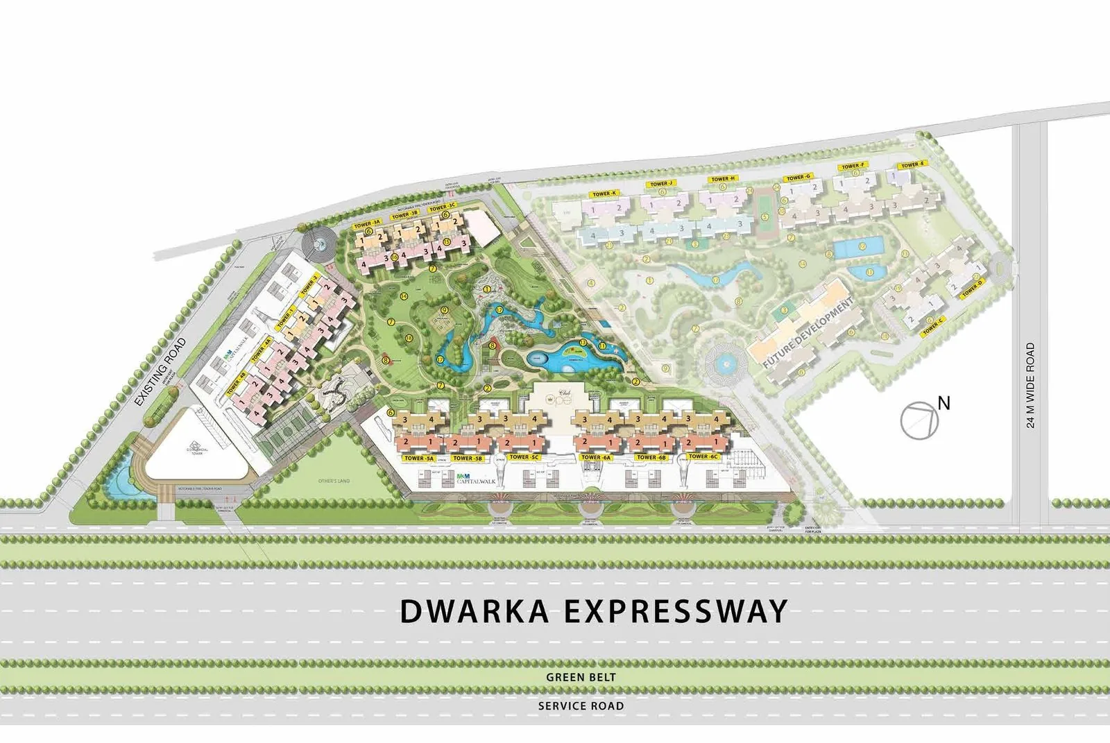 M3M Mansion site plan within SCDA on the Dwarka Expressway showing towers, golf greens and clubs