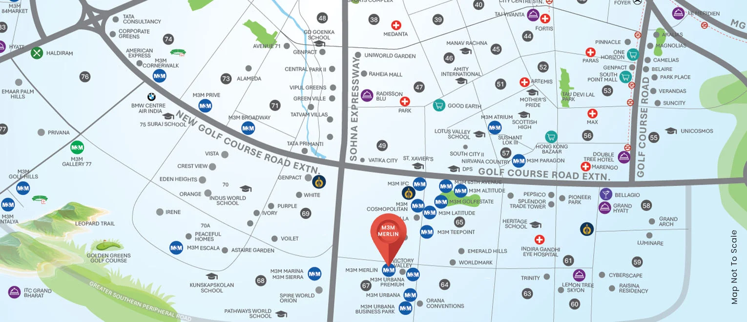 M3M Merlin location map, Sector 67 Gurugram, near Sohna Road and Golf Course Extension Road