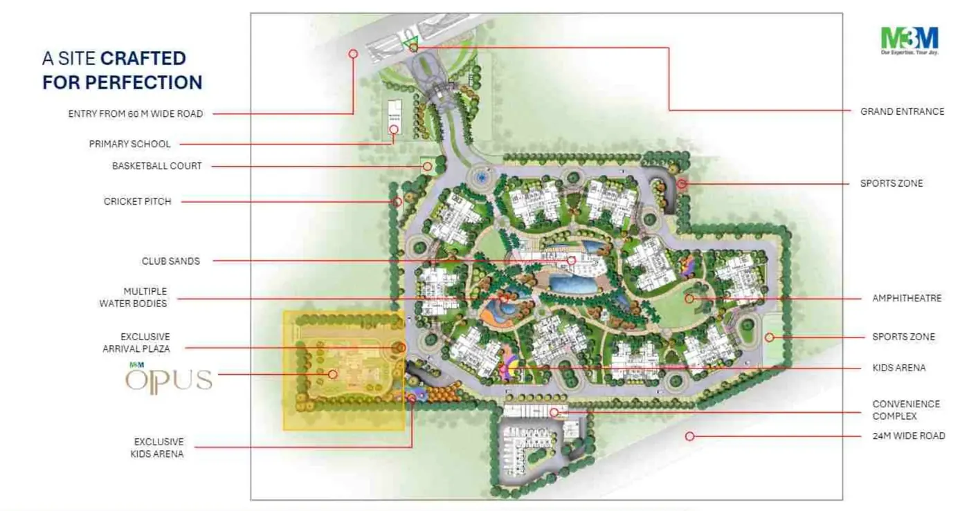 M3M Merlin master plan showing M3M Opus arrival plaza, Club Sands, sports zones and water bodies