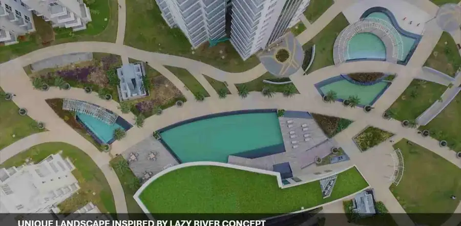 Aerial of the lazy river landscape and pools at M3M Merlin
