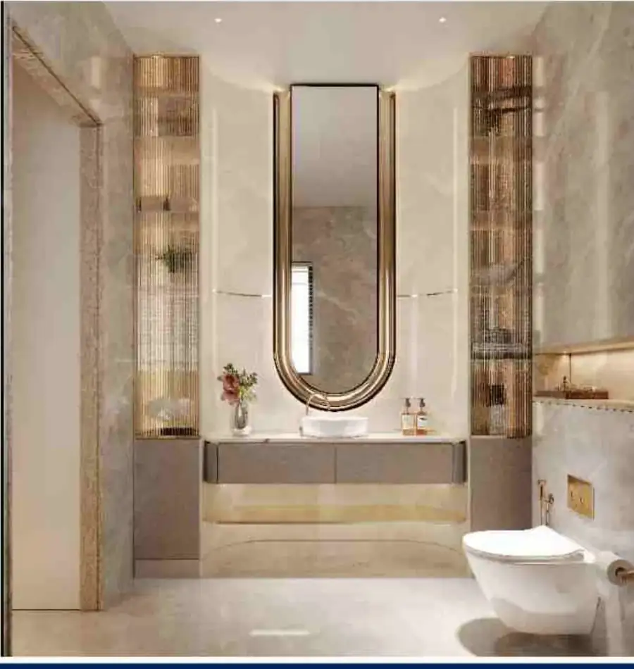 M3M Opus bathroom in imported marble with full shower cubicle and branded CP fittings