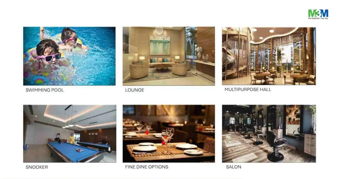 M3M Opus club amenities — swimming pool, lounge, multipurpose hall, snooker, fine dining and salon
