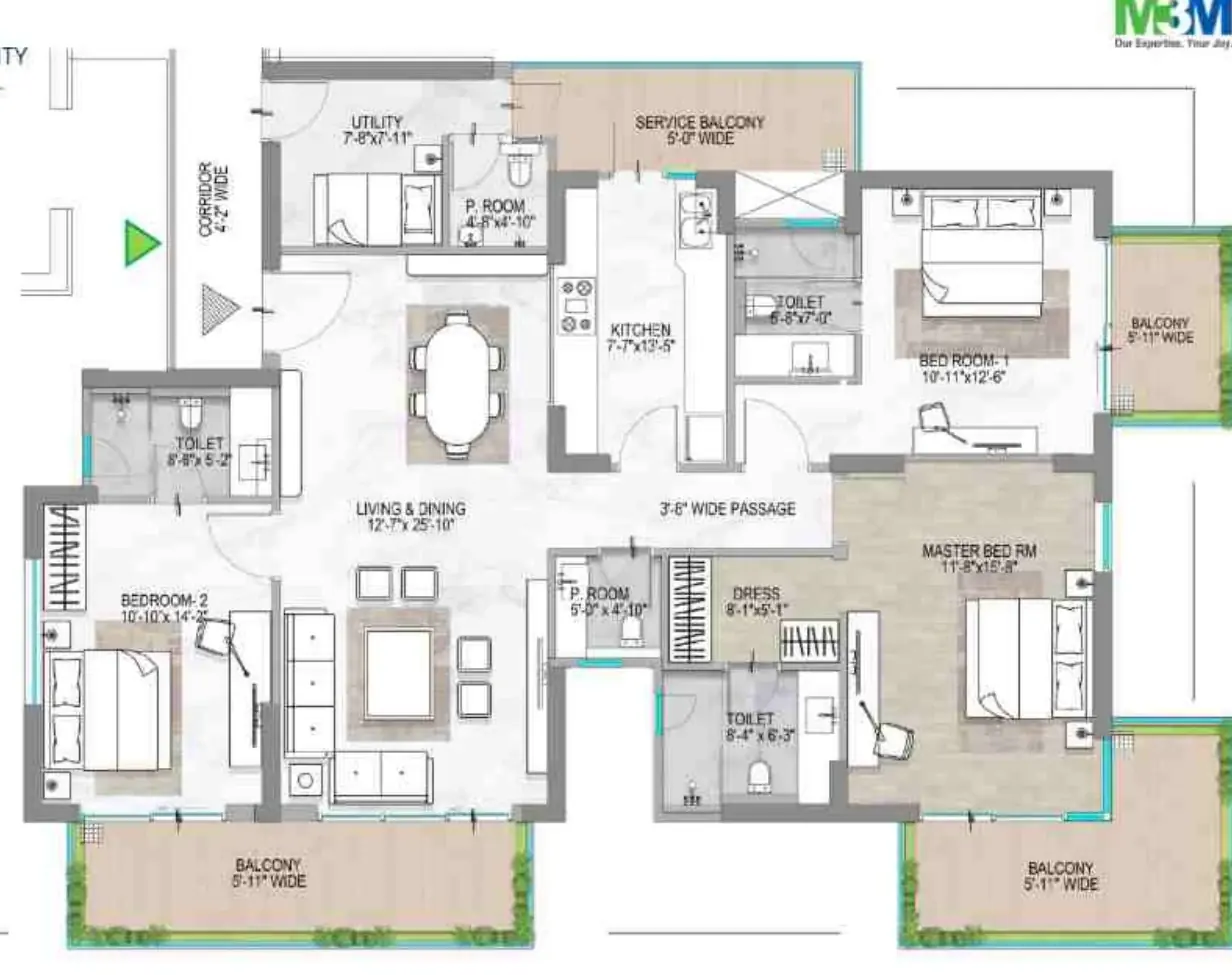 M3M Opus floor plan 3 BHK plus utility 2398 sq ft with room dimensions, three balconies and dressing room