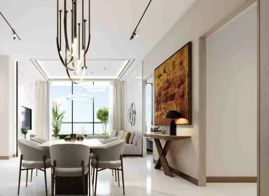 M3M Opus living and dining room with imported marble flooring and full height glazing