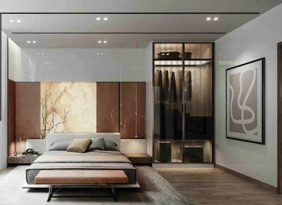 M3M Opus master bedroom with wooden flooring, false ceiling and wardrobe