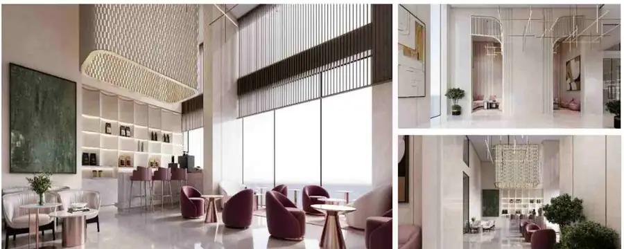 M3M Opus private double-height lobby lounge with café and concierge desk