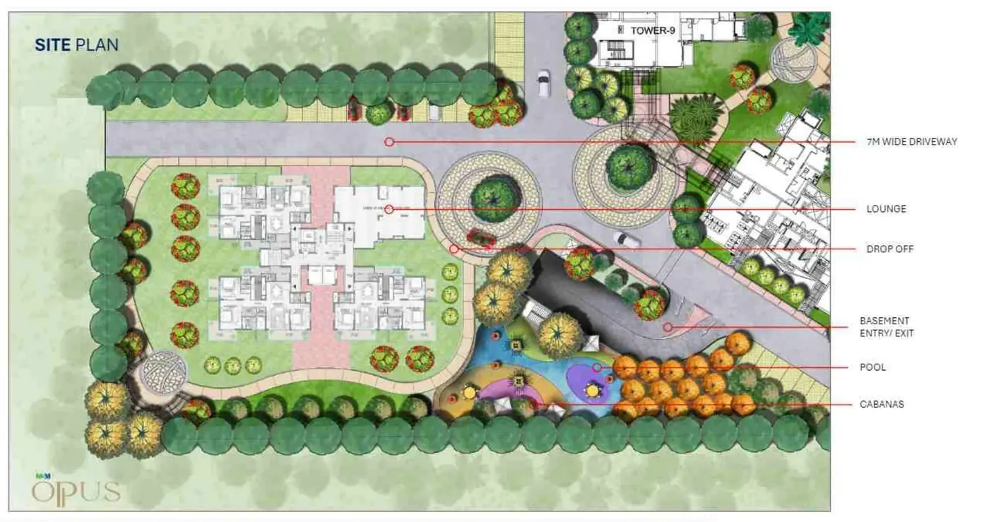 M3M Opus site plan with 7 metre driveway, lounge, drop off, basement entry, pool and cabanas