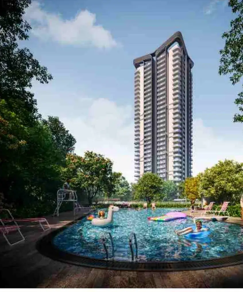 M3M Opus tower rising behind the private residents pool