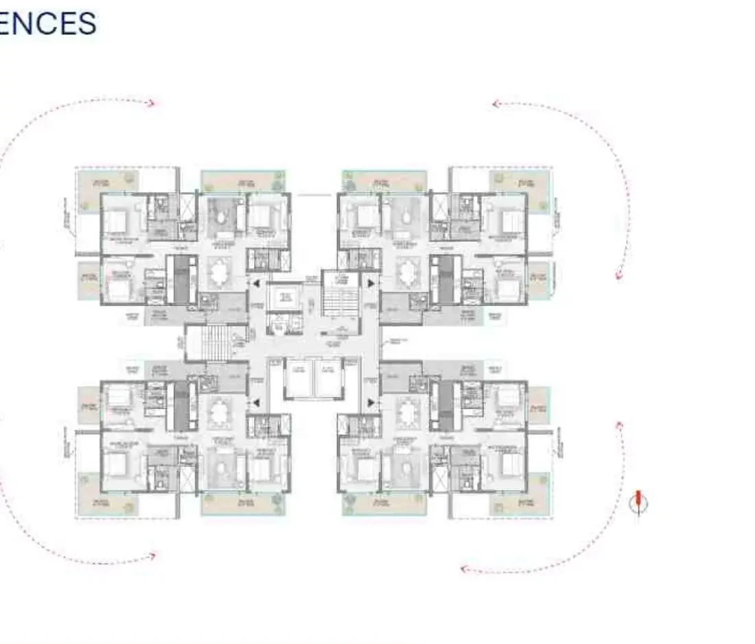 M3M Opus typical floor plate showing four residences to a core in a pinwheel arrangement