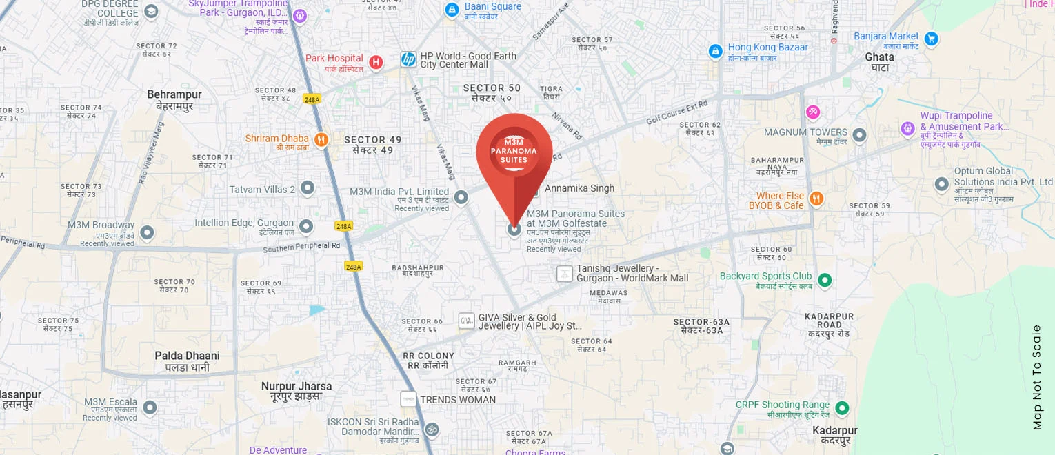 Connectivity map for M3M Panorama Suites, Sector 65, showing M3M Cosmopolitan, M3M Urbana and NH-8