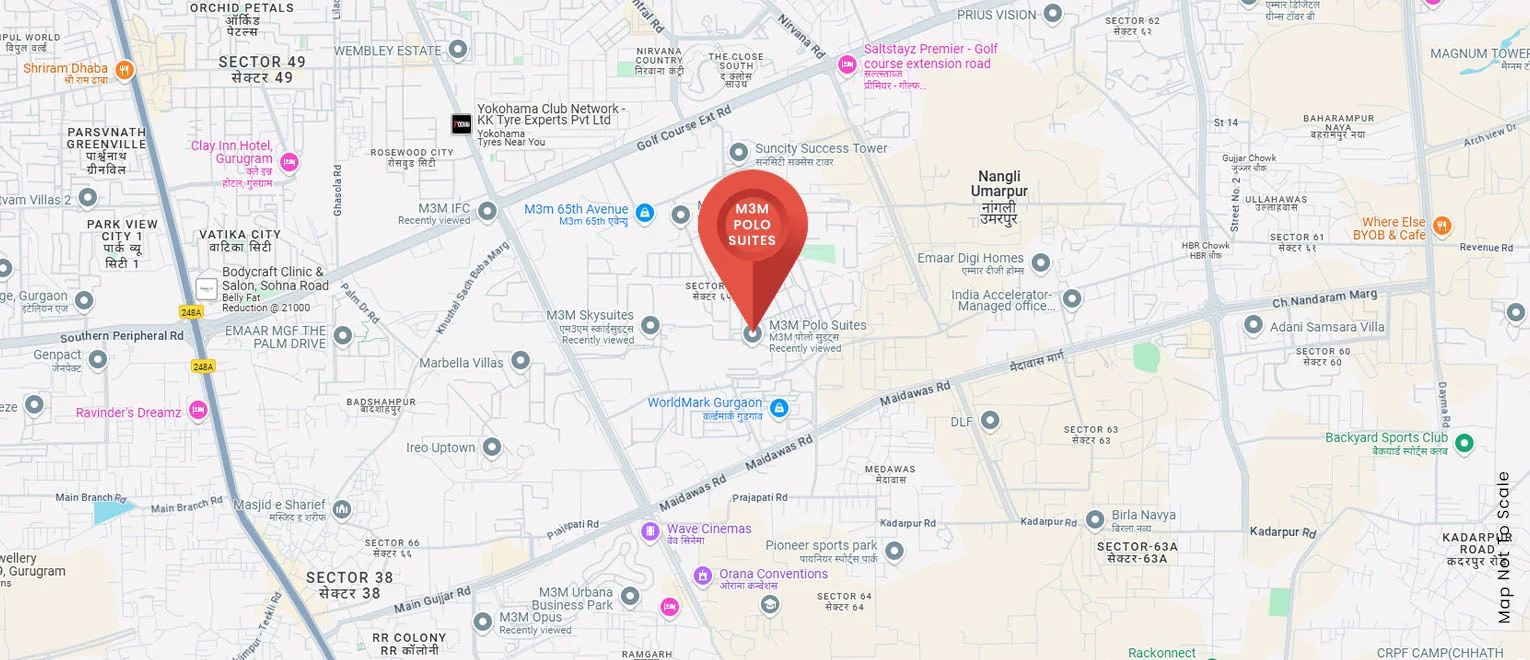 Connectivity map for M3M Polo Suites, Sector 65 Gurugram, with schools, hospital, hotel and airport