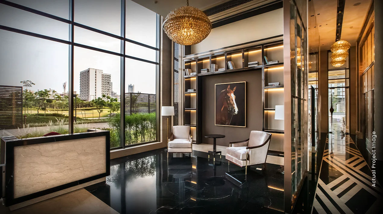 Lounge interiors with polo-inspired styling at M3M Polo Suites, Golf Estate Sector 65 Gurugram