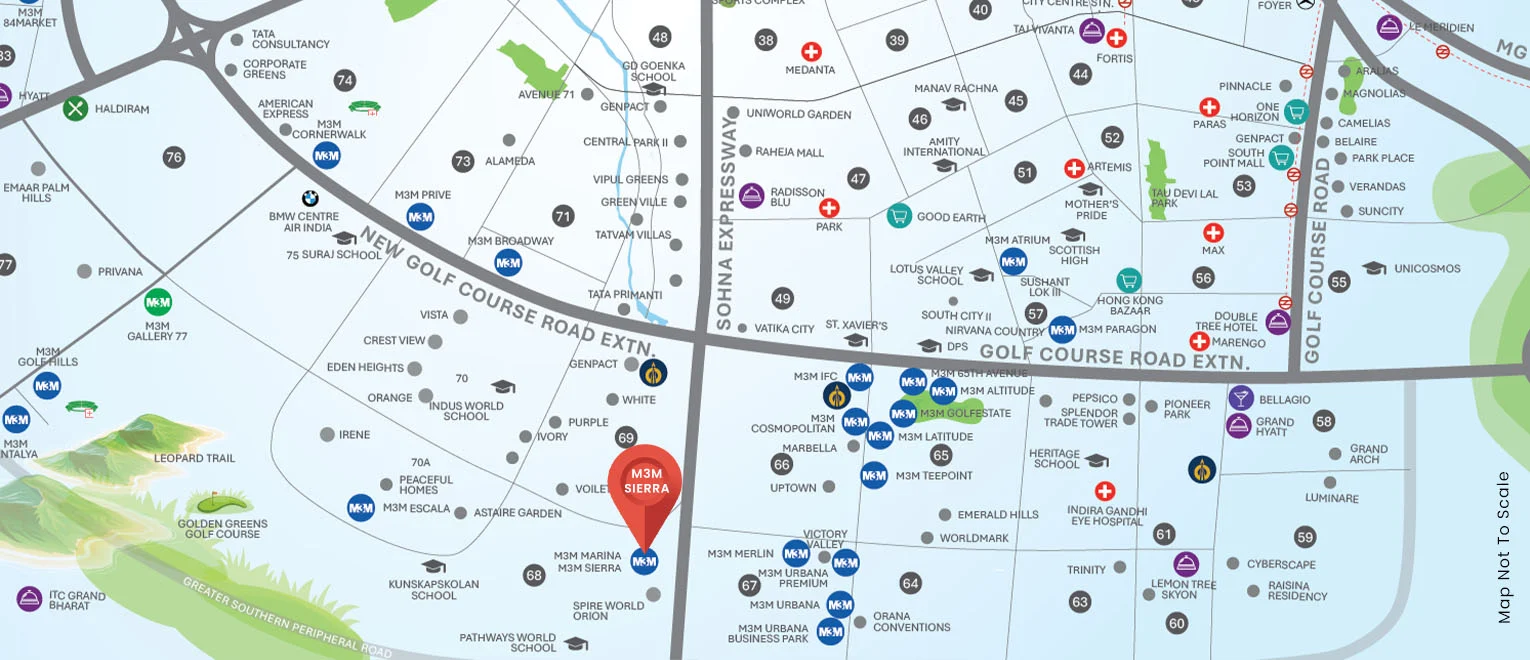 M3M Sierra68 Sector 68 Gurugram connectivity map with Sohna Road, the expressway and M3M IFC