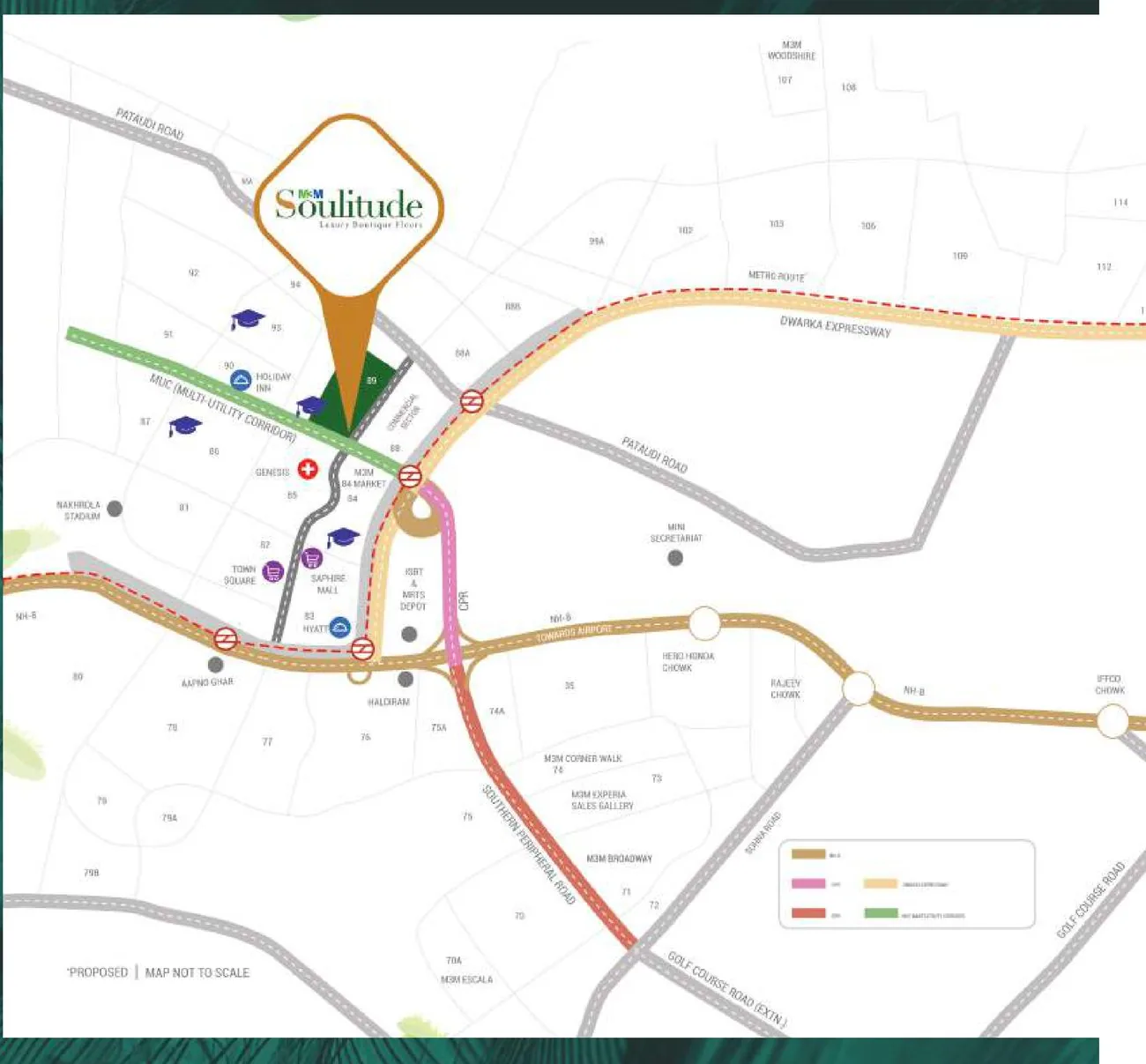M3M Soulitude location map showing Sector 89, NH-8, Dwarka Expressway, NPR and IGI Airport