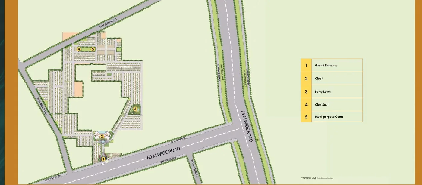 M3M Soulitude site plan showing the grand entrance, Club Soul, party lawn and multi-purpose court, Sector 89 Gurgaon