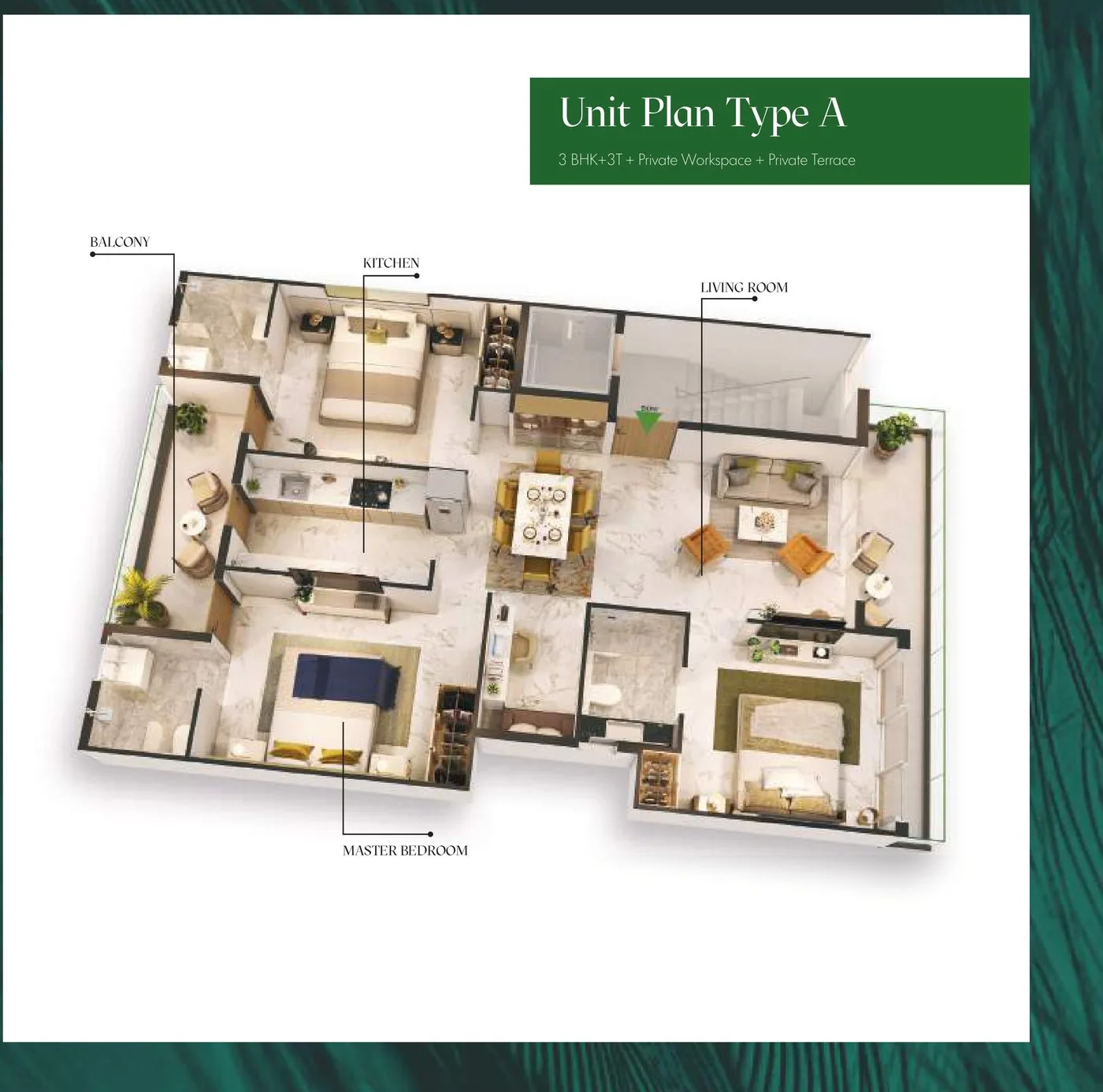 M3M Soulitude Unit Plan Type A — 3 BHK + 3T with private workspace and private terrace