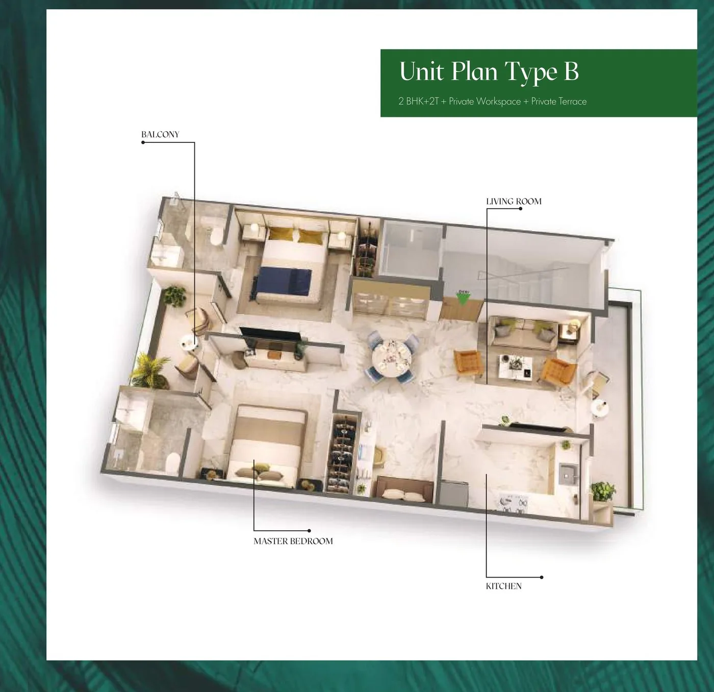M3M Soulitude Unit Plan Type B — 2 BHK + 2T with private workspace and private terrace