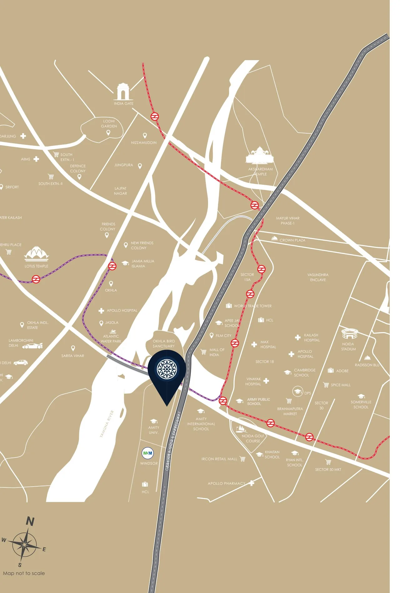 M3M The Cullinan connectivity map showing Sector 94, DND, Noida Expressway, India Gate, Connaught Place and Okhla