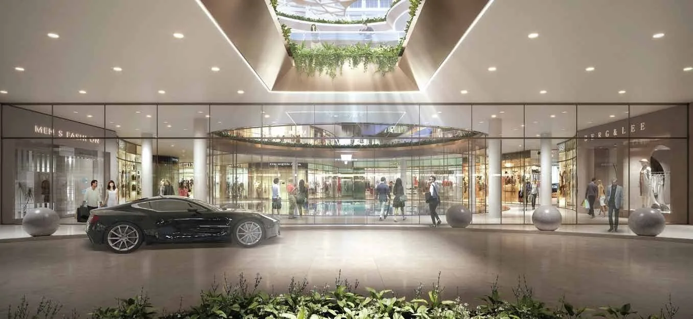Grand glass arrival to the luxury shopping plaza at M3M The Cullinan