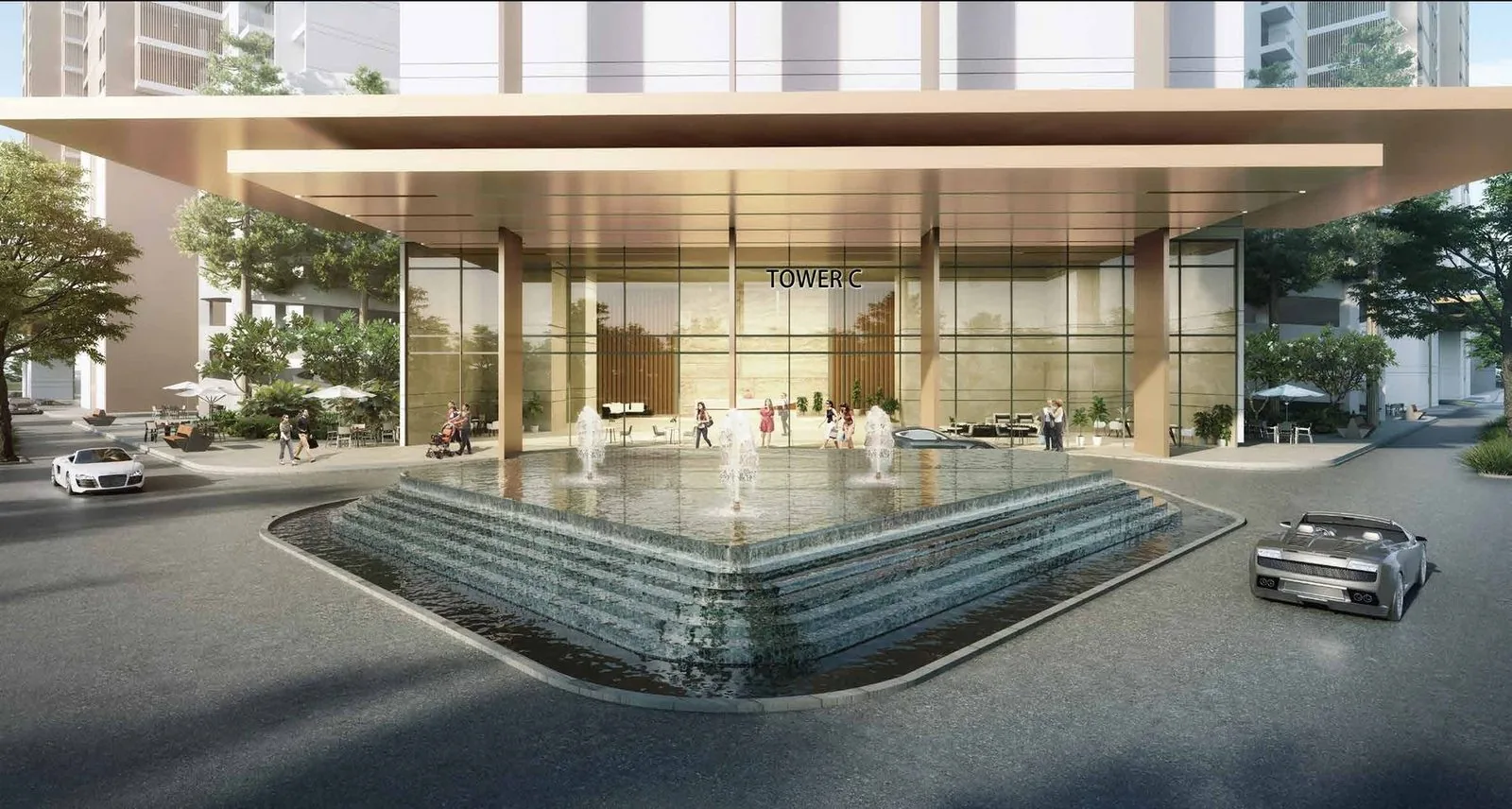 Grand tower drop-off with fountain at M3M The Cullinan