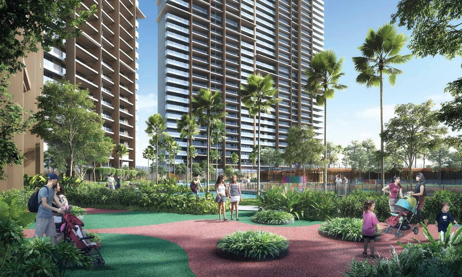 Landscaped podium greens and children's play area between the towers at M3M The Cullinan
