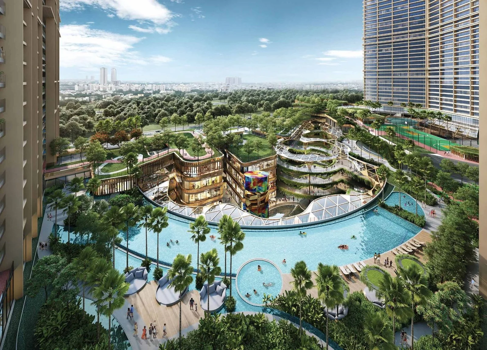 M3M The Cullinan master layout — towers, podium pools, landscaped greens and the retail high street, Sector 94 Noida