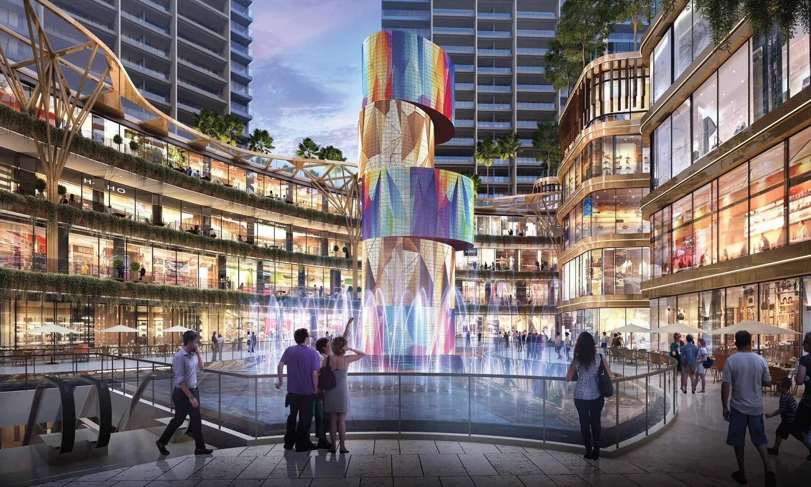 The Cullinan Avenue boutique retail high street with a colourful LED atrium and fountains at M3M The Cullinan