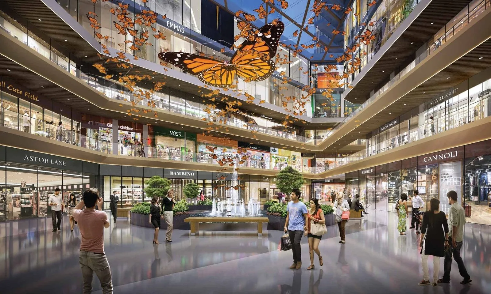 The Cullinan Emporium luxury shopping plaza atrium with suspended butterfly art at M3M The Cullinan