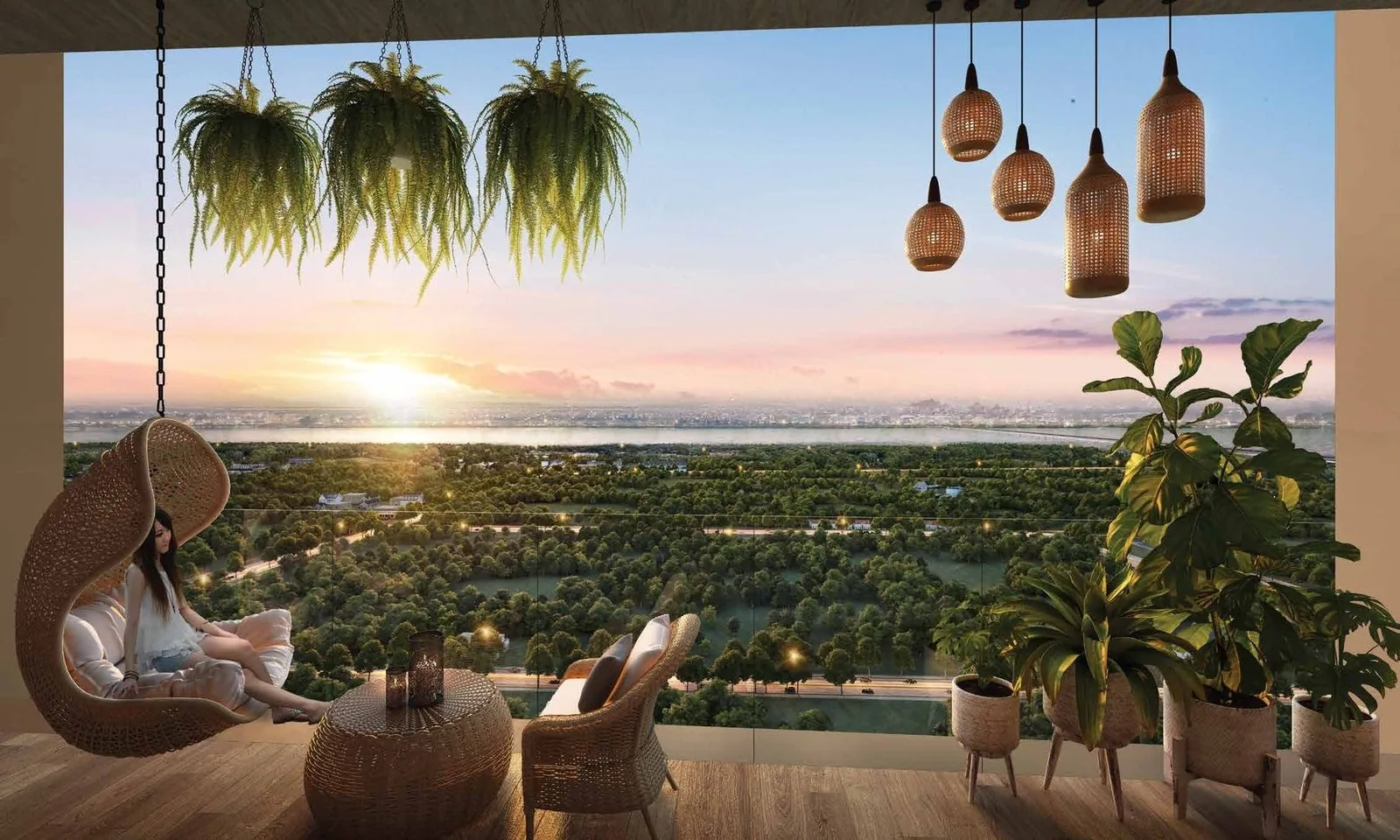 Wrapped balcony with sunset view over the greenbelt at M3M The Cullinan