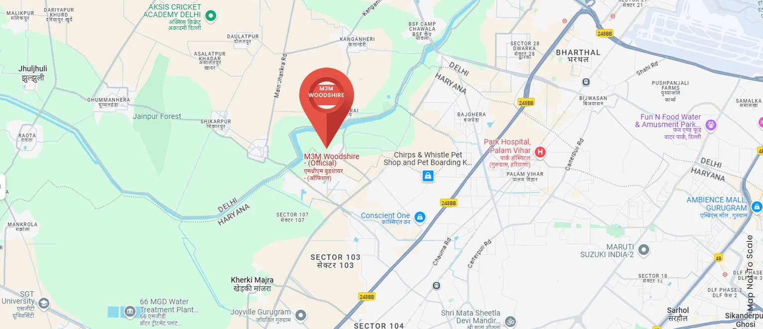 M3M Woodshire location map showing Delhi border, Dwarka Sector 21 Metro and IGI Airport
