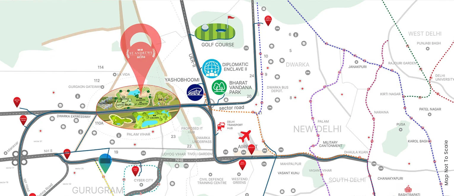 M3M St Andrews location and connectivity map, Sector 113 SCDA, Dwarka Expressway Gurugram